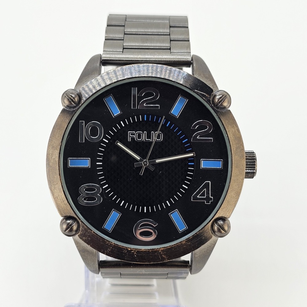 Folio Men Watch 54MM Black Dial Gun Metal Gray Bracelet Band 7.25" New Battery
